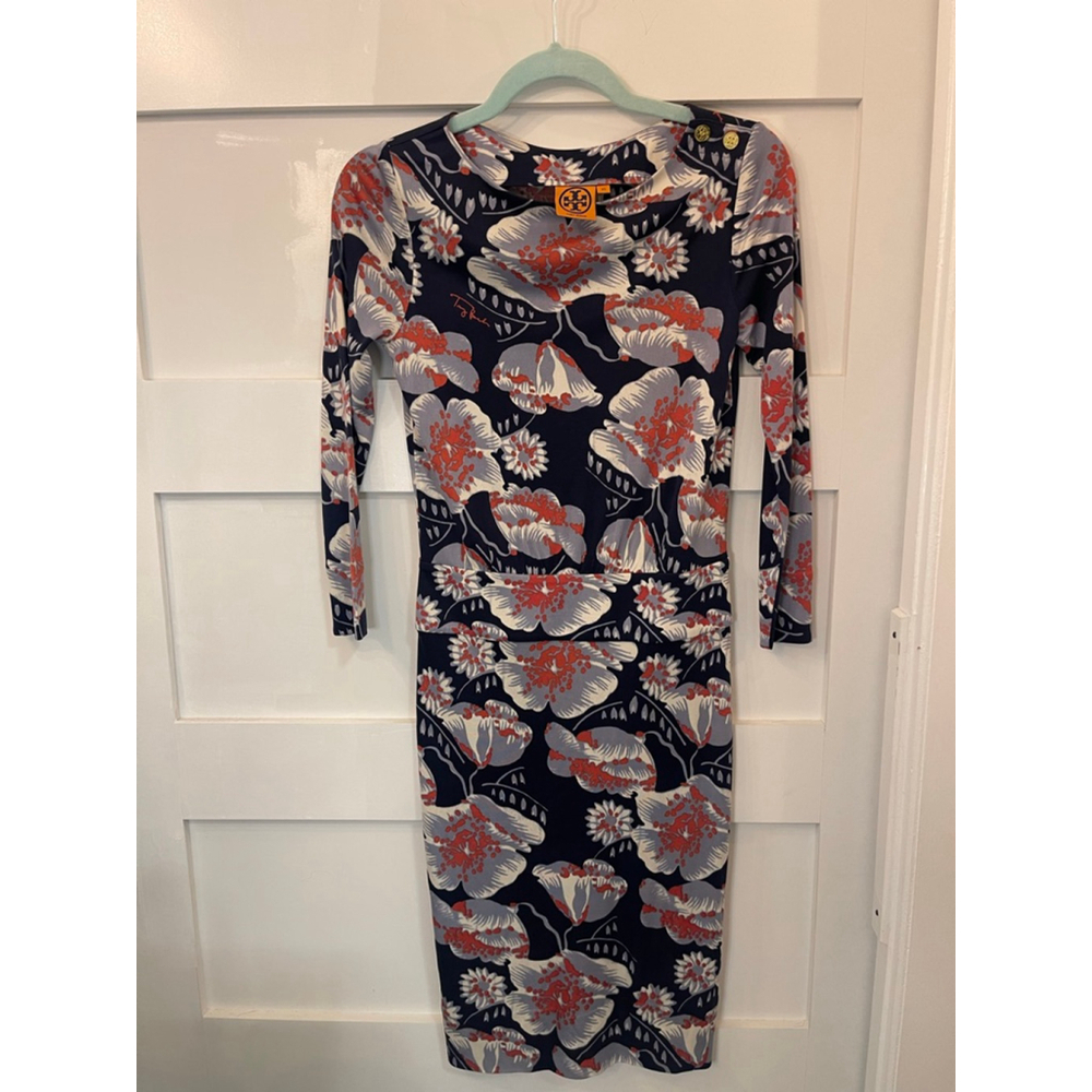 Tory Burch XS Floral Bodycon Dress Navy Red Gray Long Sleeve Stretch Midi
